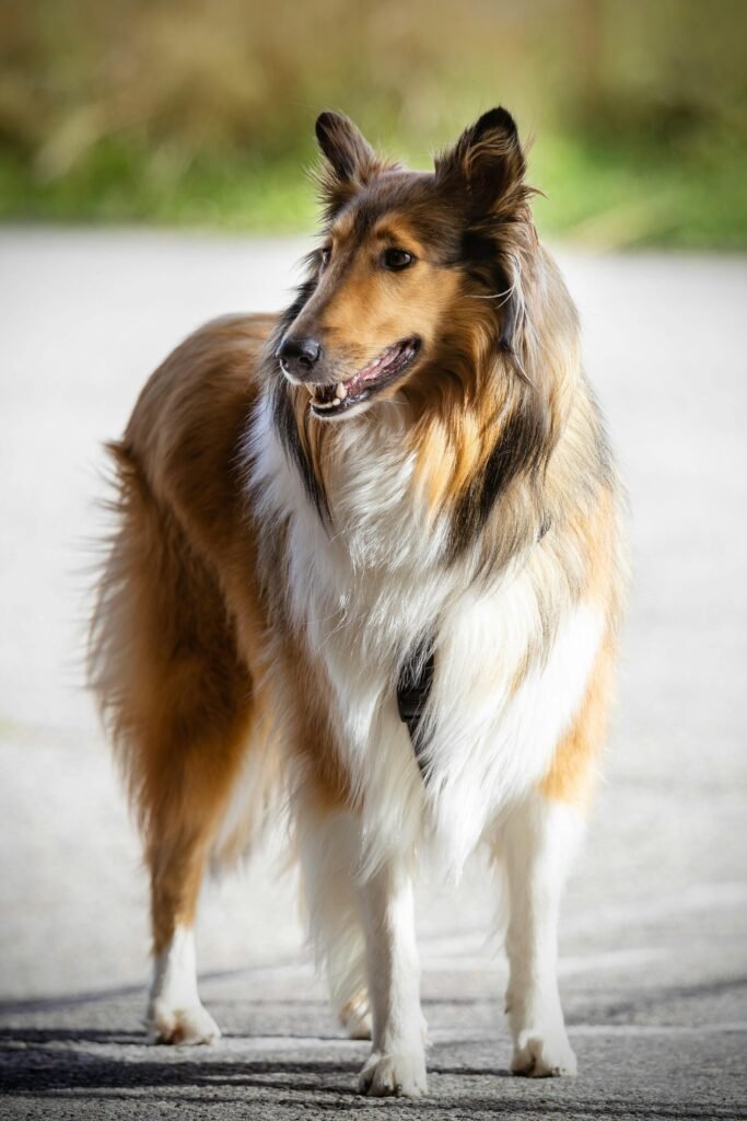 A majestic Collie dog standing on a sunny day, showcasing its lush fur and graceful stance.